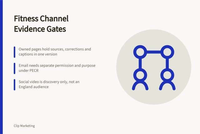 Card comparing owned pages, email, social video and partner delivery channels. Fitness creators channel strategy: owned pages, email, social video or partners