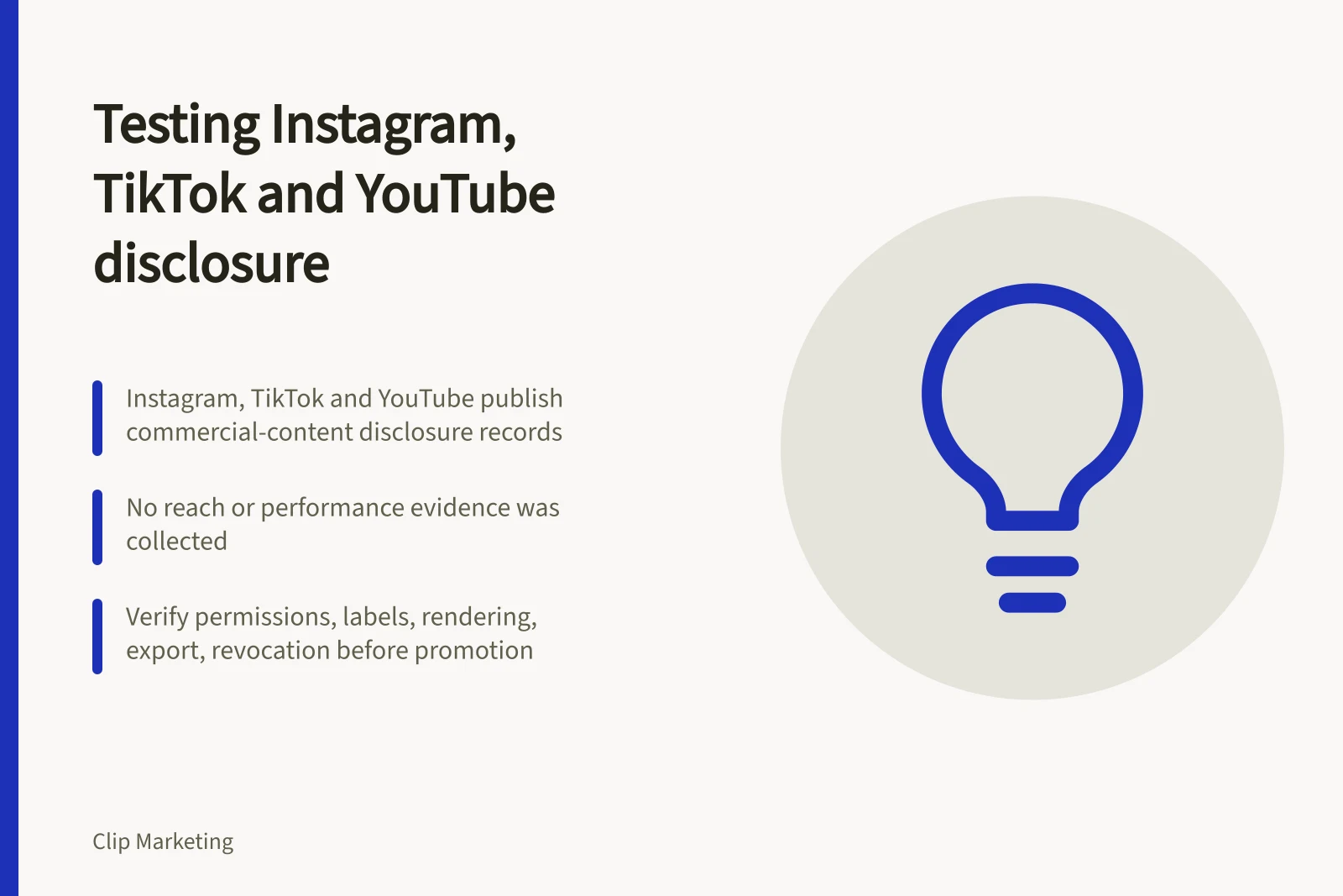 Card comparing Instagram, TikTok and YouTube commercial disclosure testing