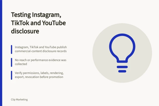 Card comparing Instagram, TikTok and YouTube commercial disclosure testing. Influencer agencies channel strategy: testing Instagram, TikTok and YouTube on one creator asset