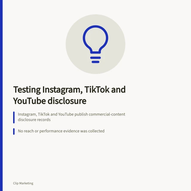 Card comparing Instagram, TikTok and YouTube commercial disclosure testing. Influencer agencies channel strategy: testing Instagram, TikTok and YouTube on one creator asset