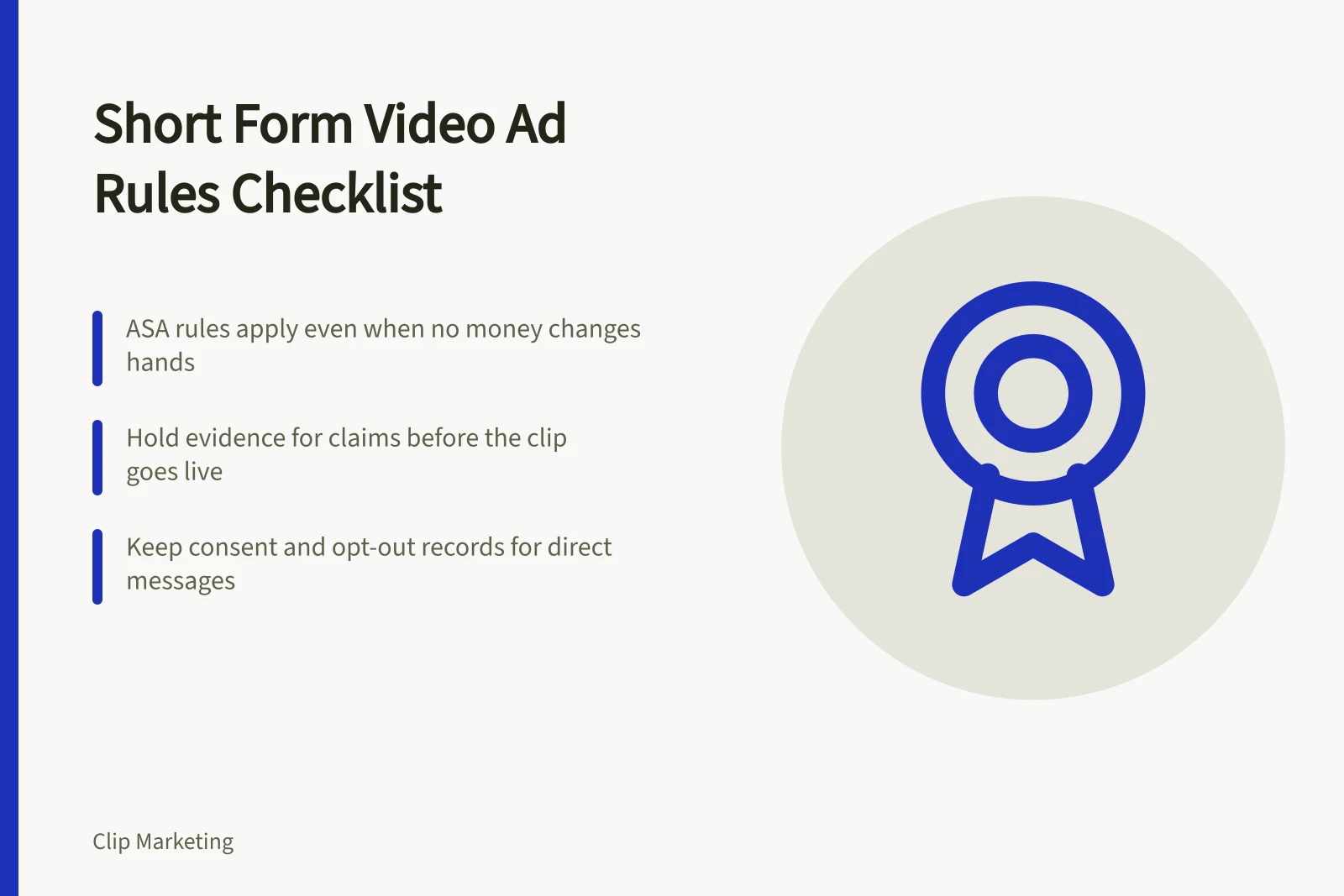 Checklist card for short form video advertising rules and compliance