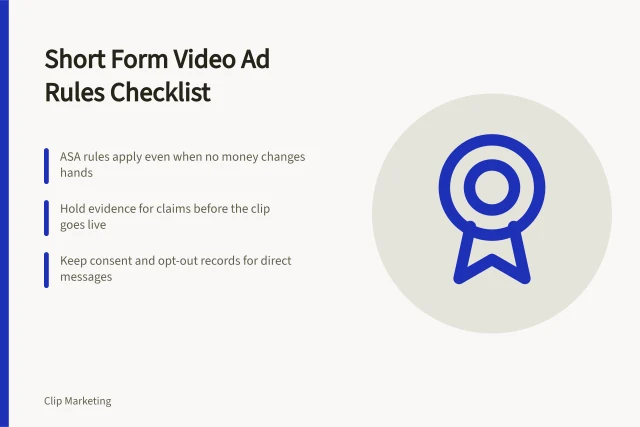 Checklist card for short form video advertising rules and compliance. Short form video advertising rules without the guesswork