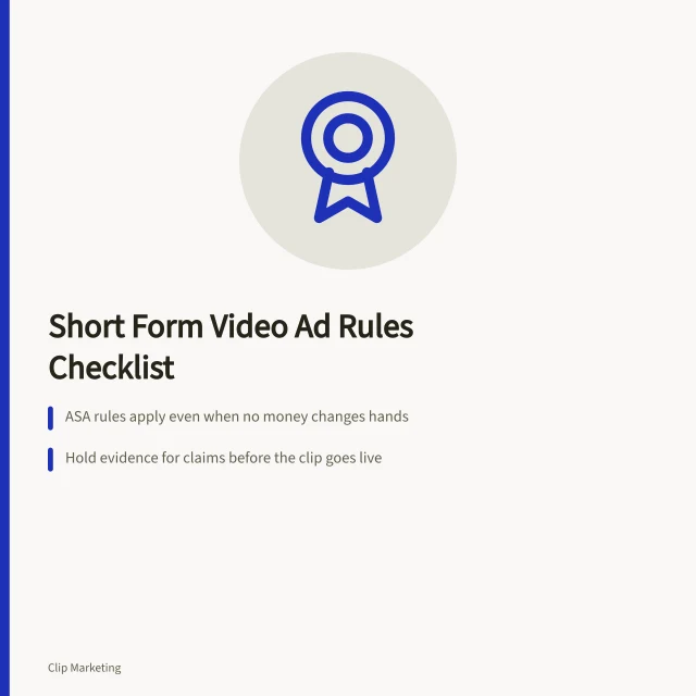 Checklist card for short form video advertising rules and compliance. Short form video advertising rules without the guesswork
