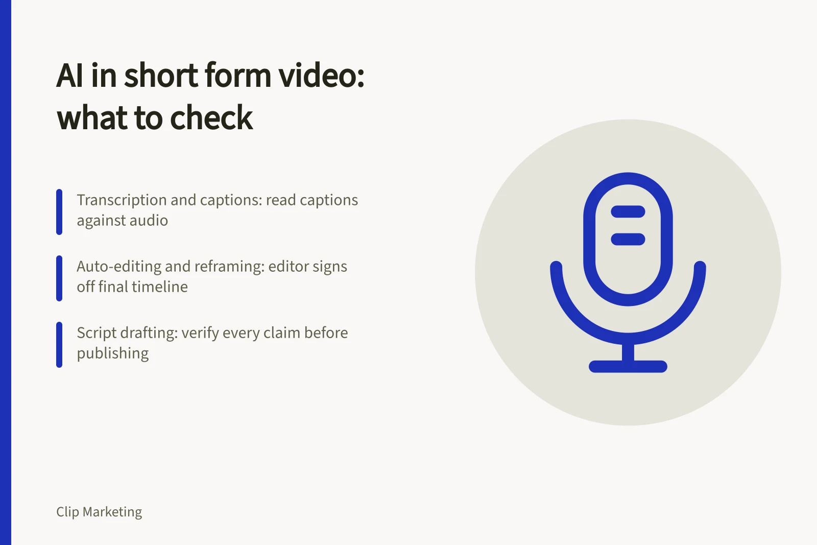 Card: AI short form video applications, captions, rough cuts, checks