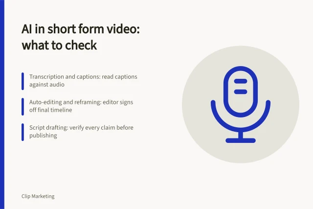 Card: AI short form video applications, captions, rough cuts, checks. Short form video AI applications explained for marketers