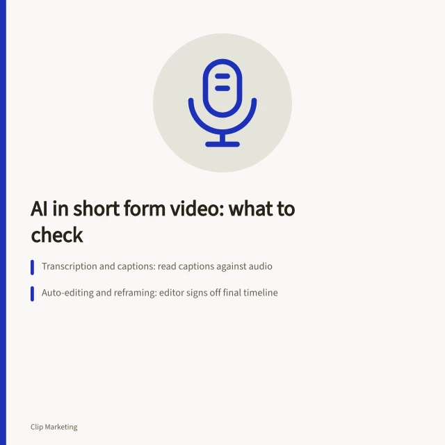 Card: AI short form video applications, captions, rough cuts, checks. Short form video AI applications explained for marketers