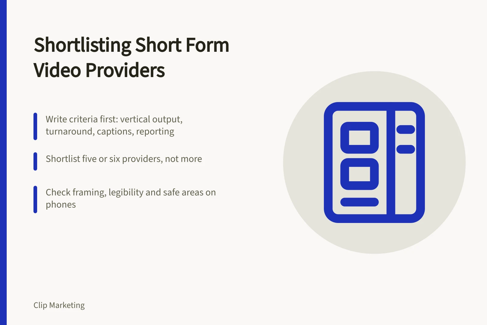 Checklist card for shortlisting short form video providers for English teams