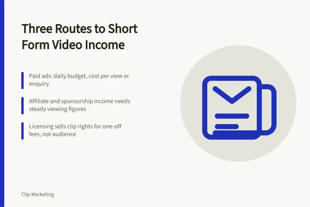 Card showing three short form video commercial routes: paid ads, affiliate income, licensing. Short form video commercial opportunities without the guesswork