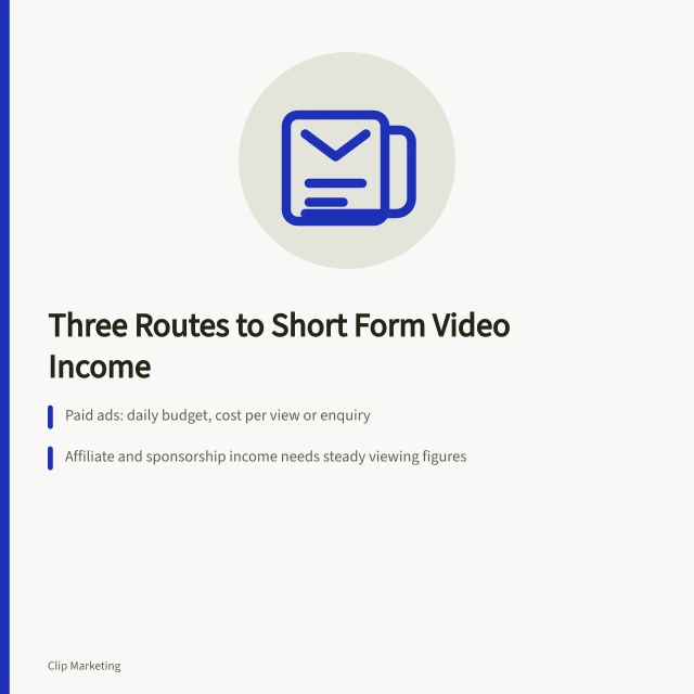 Card showing three short form video commercial routes: paid ads, affiliate income, licensing. Short form video commercial opportunities without the guesswork