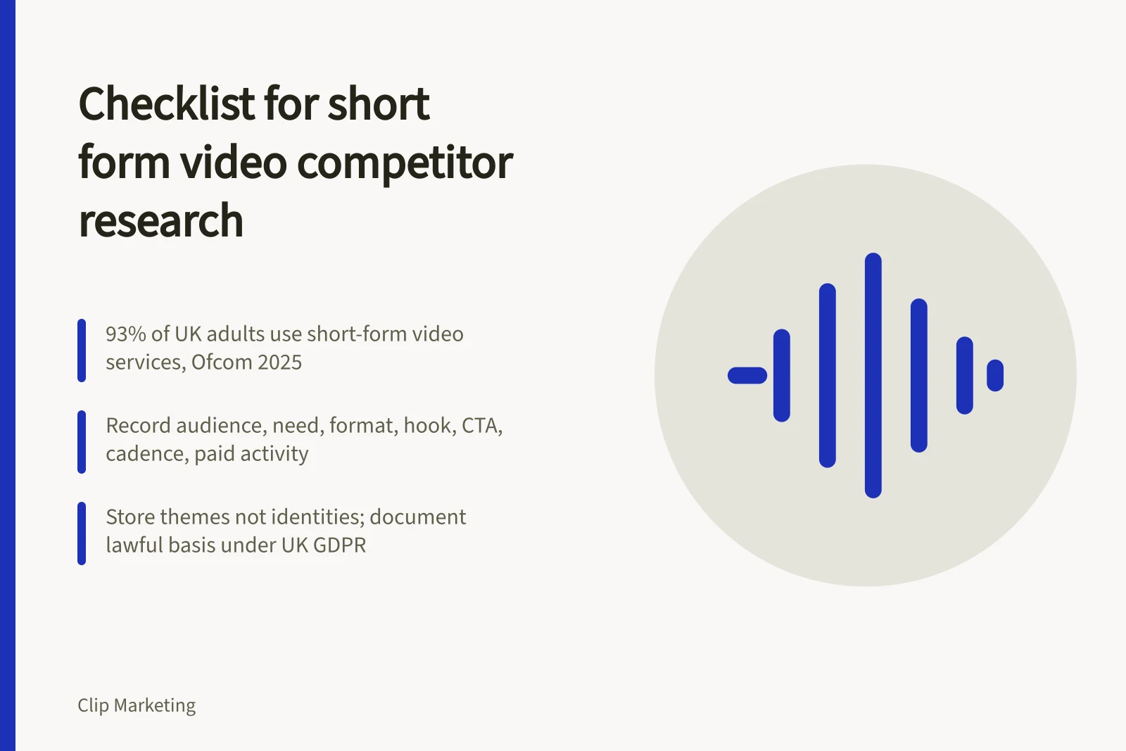 Checklist card for short form video competitor research covering audience, format and data rules