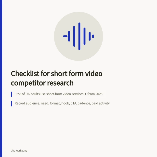 Checklist card for short form video competitor research covering audience, format and data rules. Why short form video competitor research needs a proper checklist