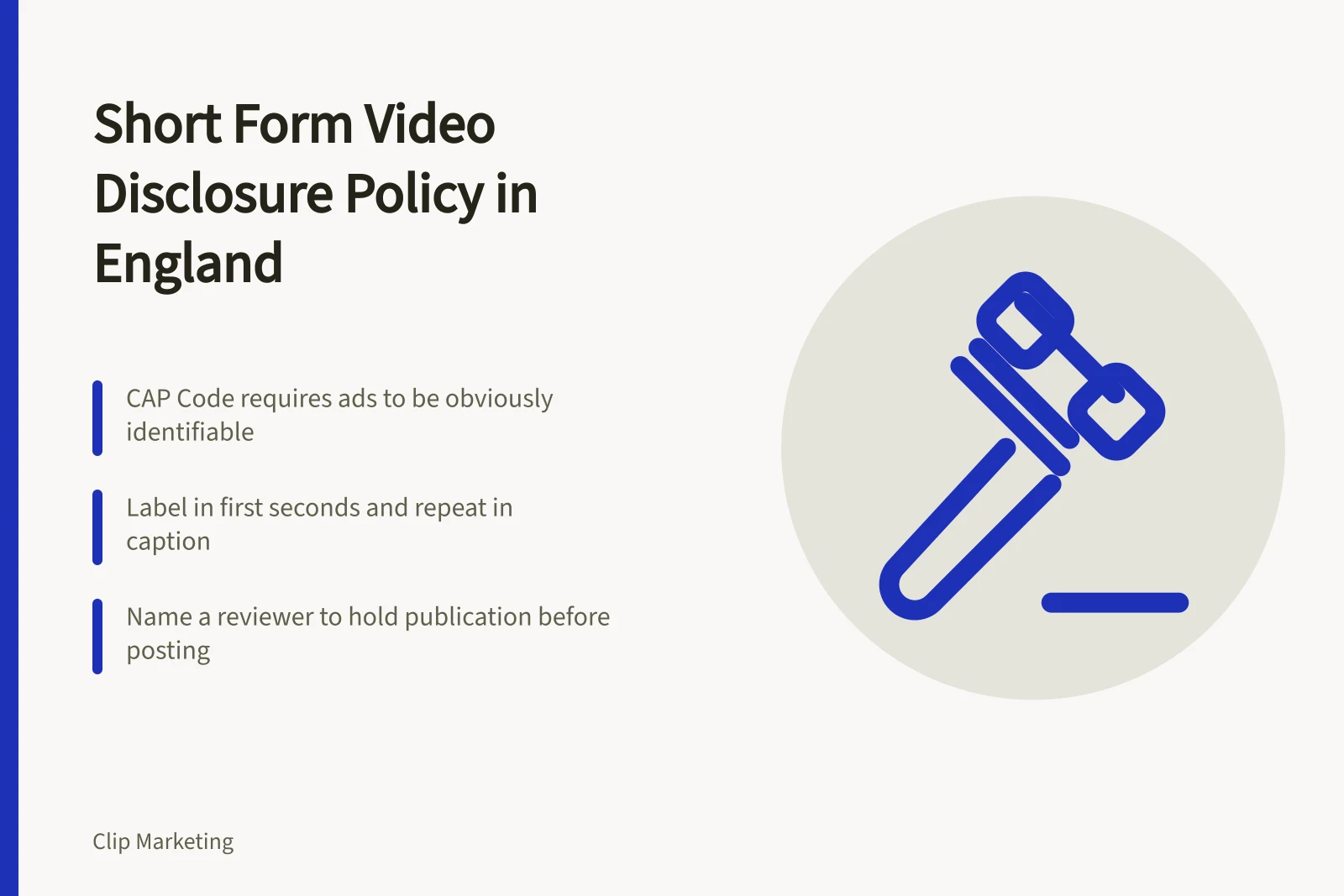 Card summarizing England short form video disclosure policy rules and steps