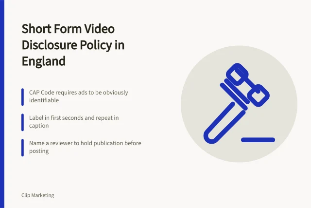 Card summarizing England short form video disclosure policy rules and steps. Short form video disclosure policy explained for England