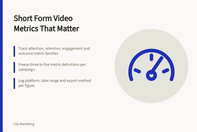 Card listing four metric families and sourcing rules for short form video. Short form video key metrics explained for marketing teams