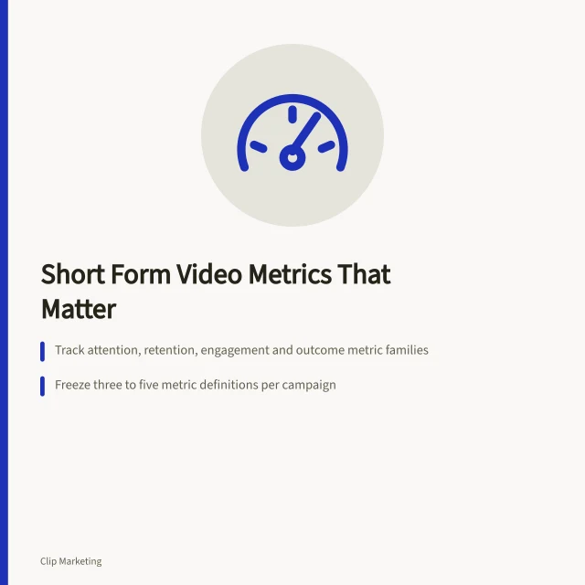 Card listing four metric families and sourcing rules for short form video. Short form video key metrics explained for marketing teams