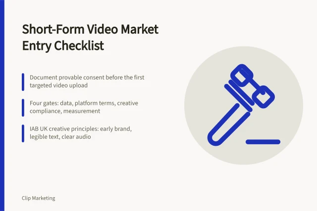 Checklist card for short-form video market entry compliance in England. What the short form video market entry checklist means for English brands
