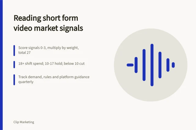 Card showing short form video market outlook scoring rubric and review triggers. Short form video market outlook signals every English marketing lead should track