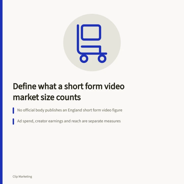 Card explaining how to define short form video market size estimates. Before you quote a short form video market size in England, define what counts
