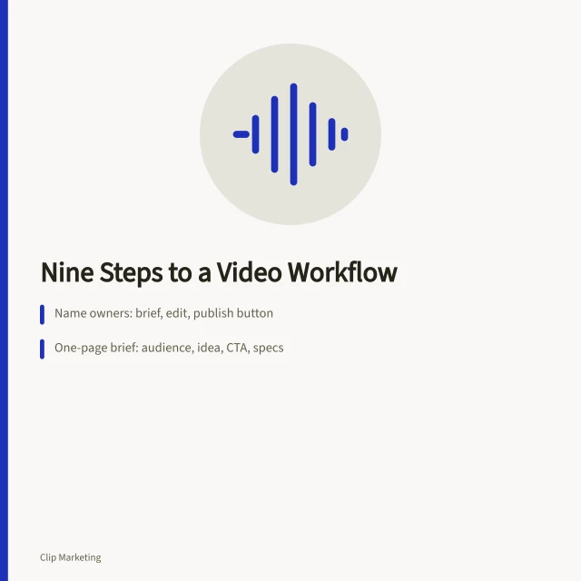 Card outlining nine-step short form video workflow with owners, briefs and review gates. Nine steps to a short form video operating workflow