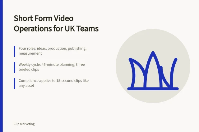 Card outlining short form video operations roles, weekly rhythm and compliance. What stronger short form video operations mean for UK marketing teams