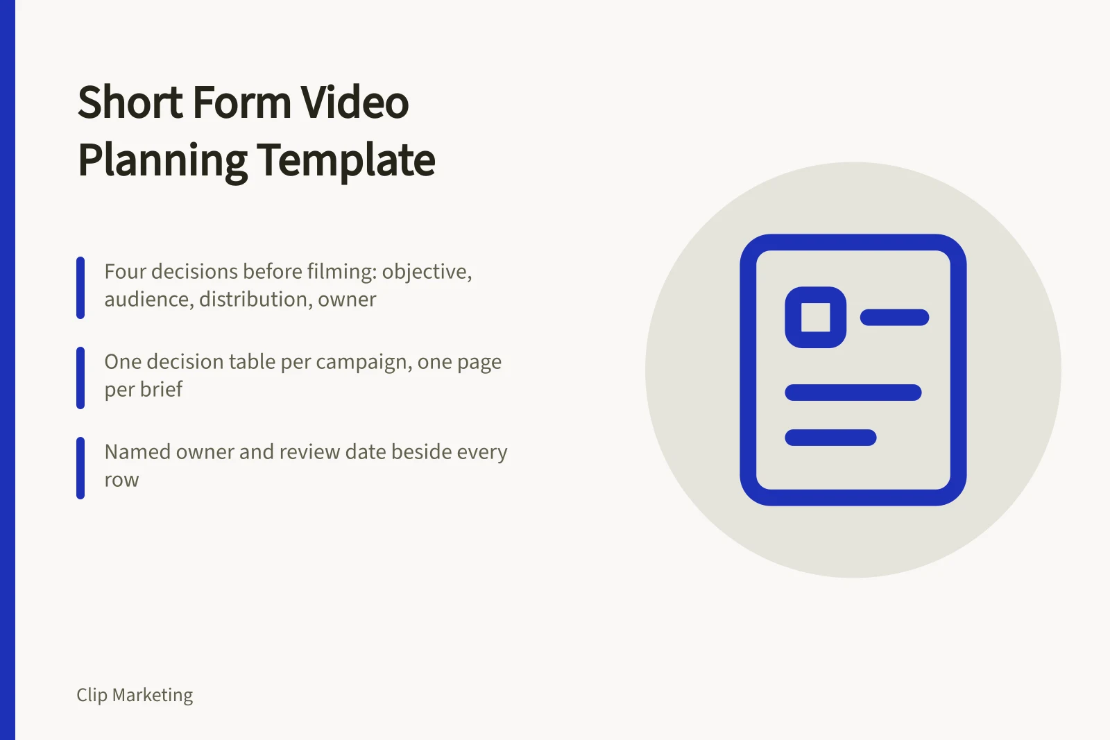 Short form video planning template with decision table and review cycle