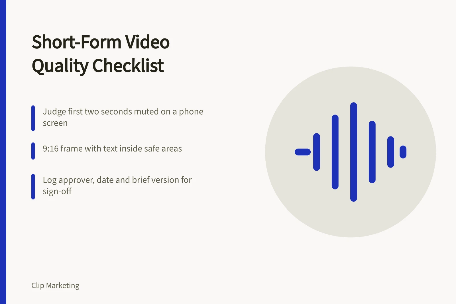 Card listing short-form video quality checks: muted hook, 9:16 frame, sign-off records
