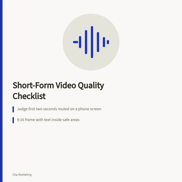 Card listing short-form video quality checks: muted hook, 9:16 frame, sign-off records. Short form video quality checklist explained for English teams