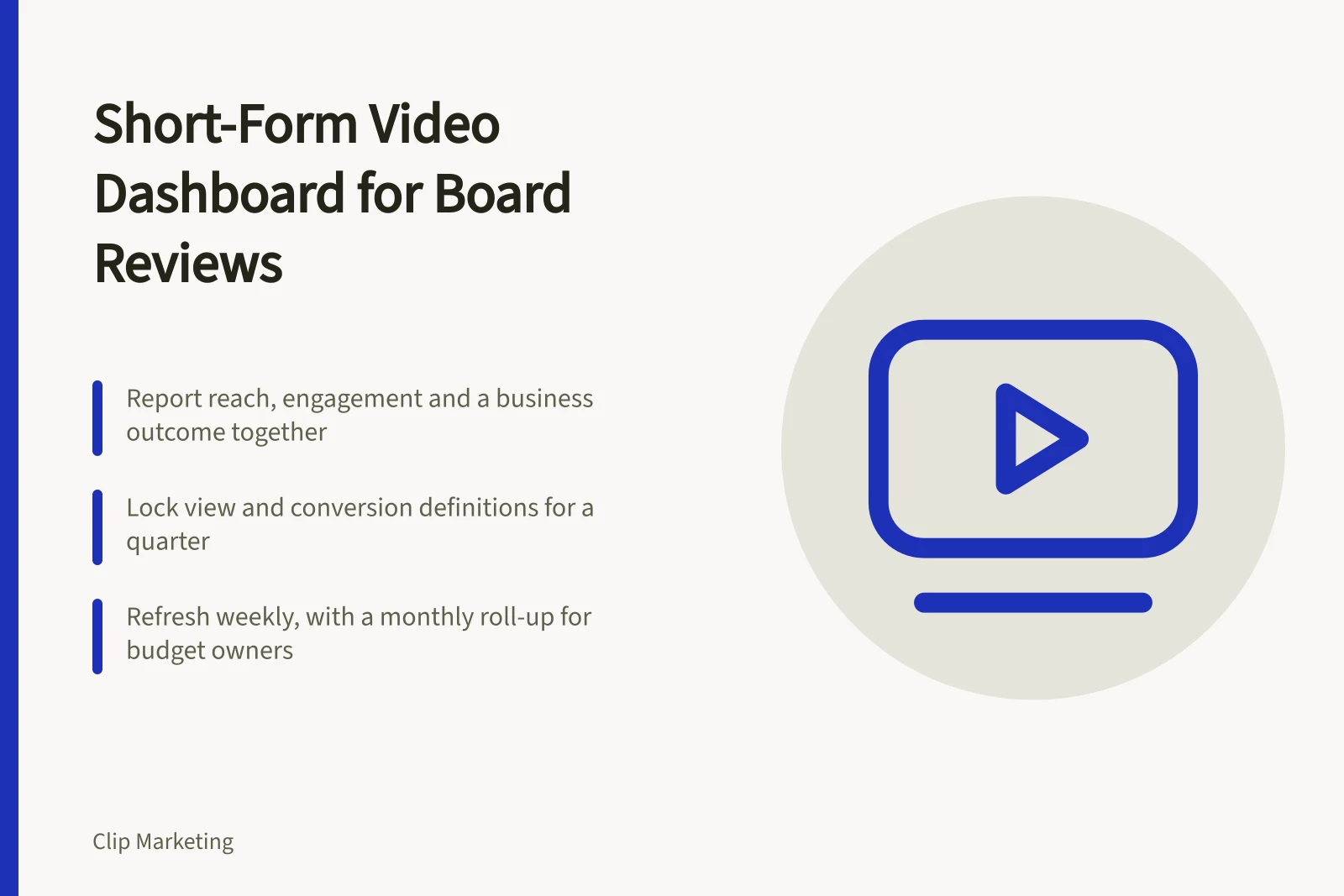 Card outlining a three-layer short-form video reporting dashboard for board reviews