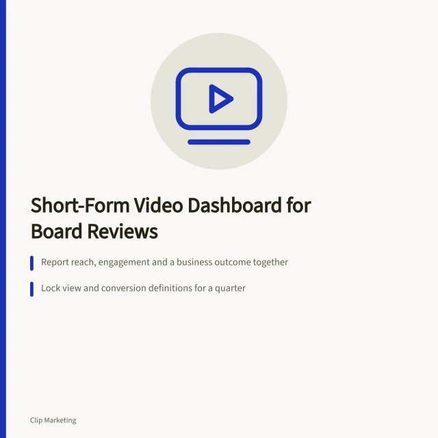 Card outlining a three-layer short-form video reporting dashboard for board reviews. A short form video reporting dashboard that survives a board review