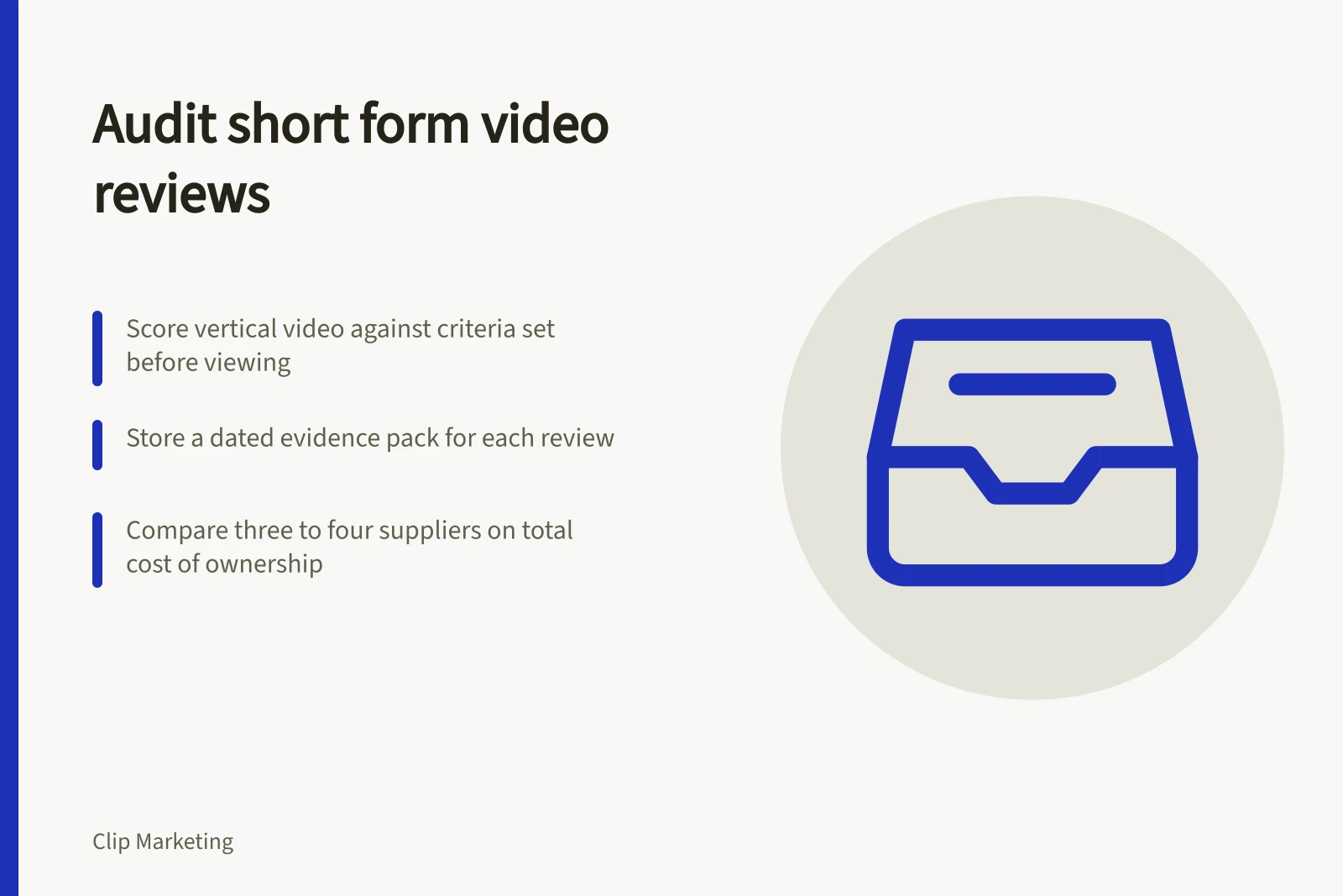 Card on auditing short form video reviews with scoring criteria and evidence packs