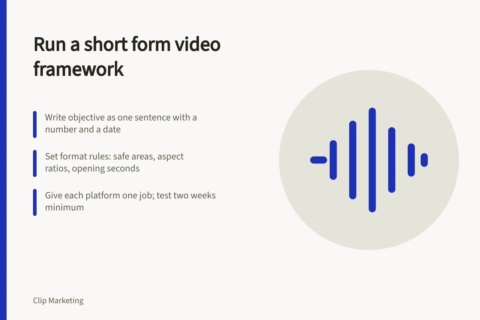 Card outlining a short form video strategy framework with objective, format rules and channel roles