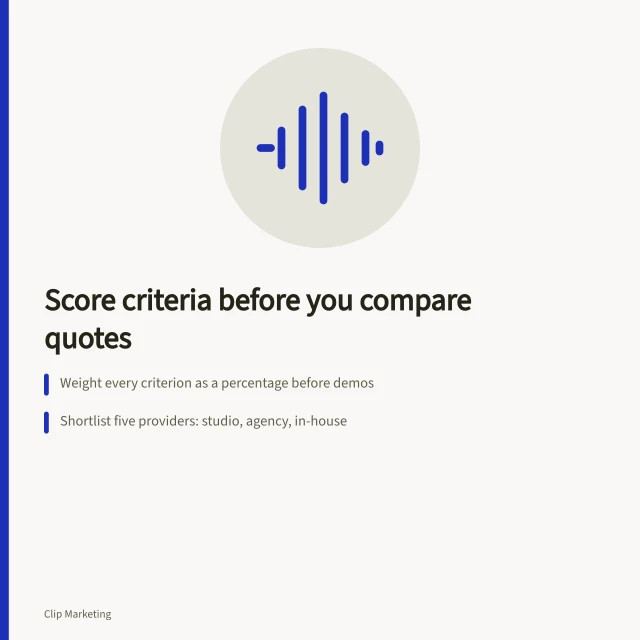 Card showing three steps for scoring short-form video suppliers. Eight checks for a short form video supplier comparison