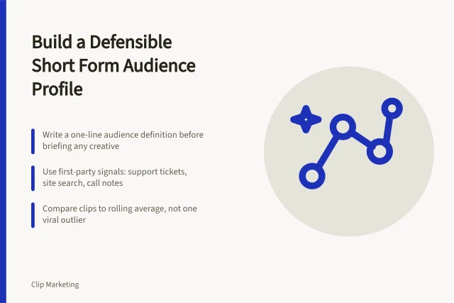 Card outlining steps to build an evidence-led short form video audience profile. How to build a short form video target audience profile