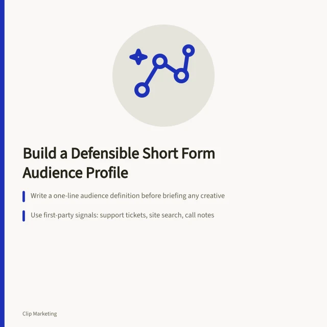 Card outlining steps to build an evidence-led short form video audience profile. How to build a short form video target audience profile