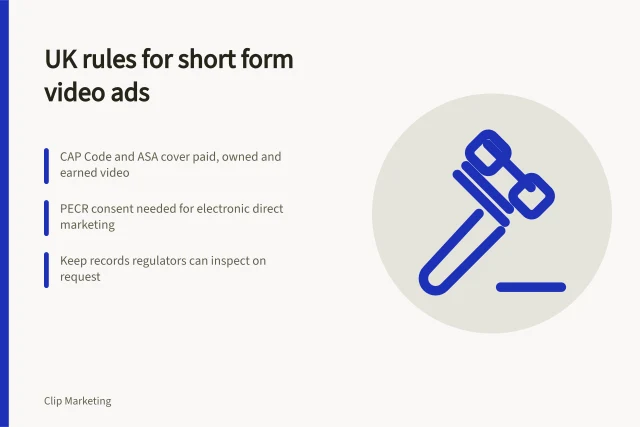 Card summarising UK advertising and consent rules for short form video marketing. What short form video UK regulations mean for marketing teams